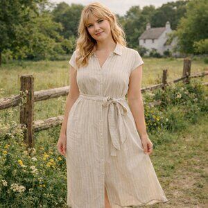 GAP, linen summer, cottage core dress, beige, midi length